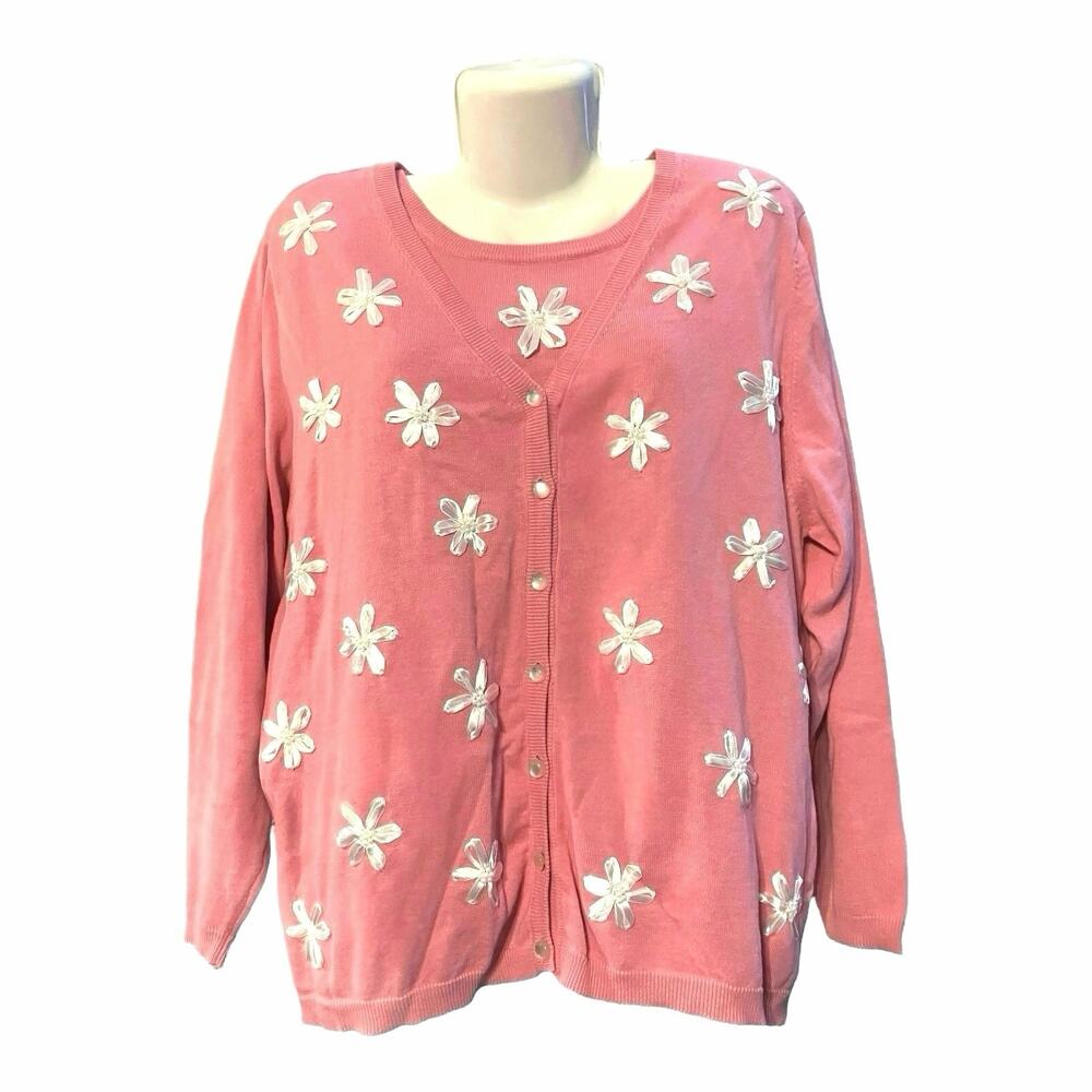 Bob Mackie Wearable Art Women's Pink W/ Floral Appliques Sweater Set SZ 1X NWT